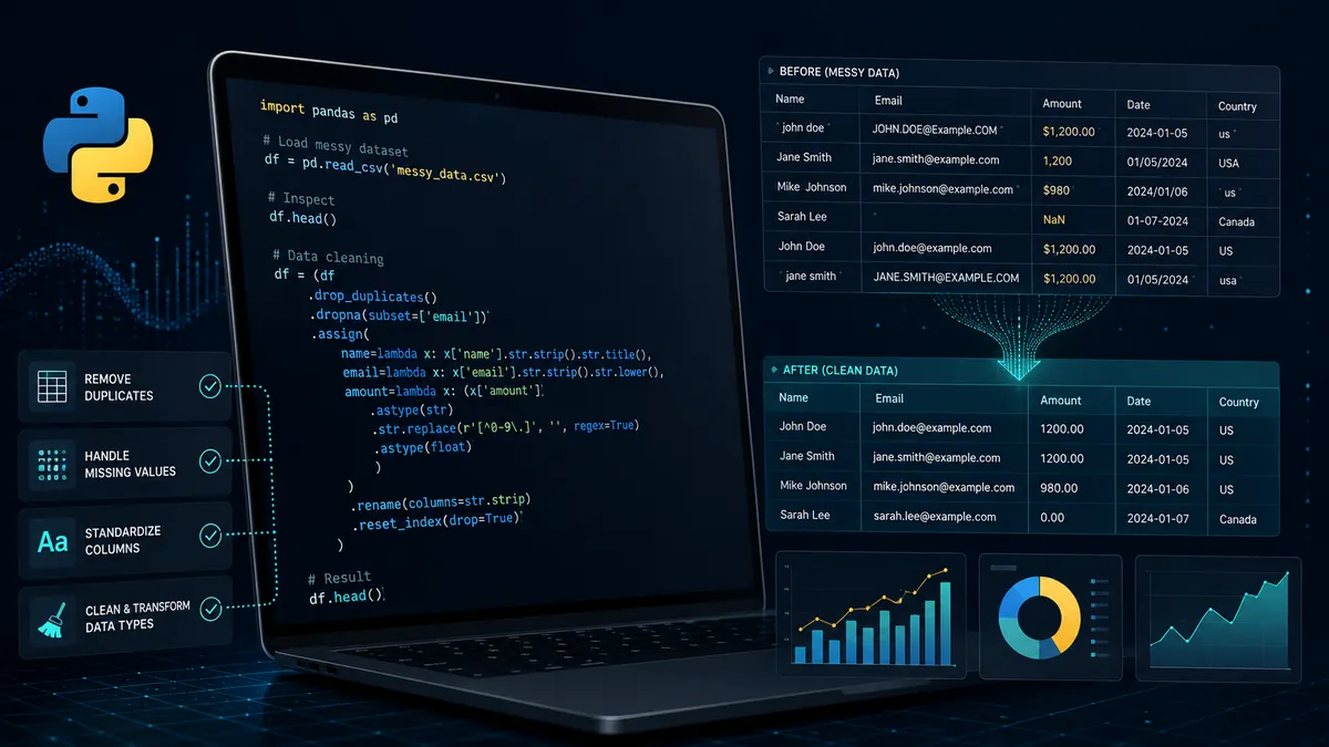 Código Python con Pandas mostrando la transformación de datos sucios a datos limpios: antes con duplicados, NaN y formatos inconsistentes; después con datos normalizados y listos para análisis