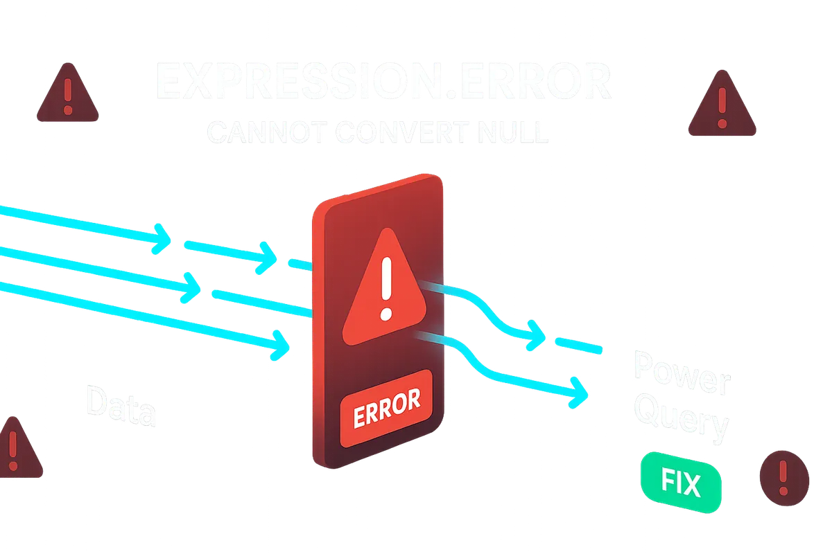 Pantalla de Power Query mostrando Expression.Error cannot convert null to type Number con código M de solución