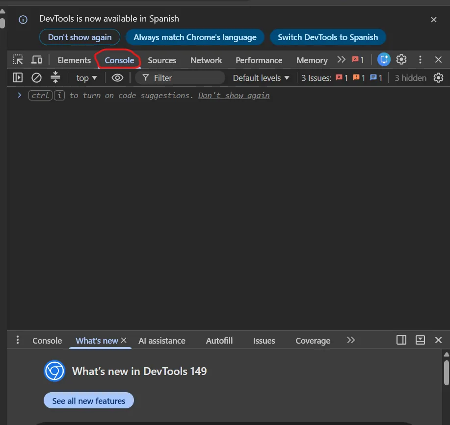 Panel de herramientas de desarrollador de Chrome con la pestaña Console resaltada en rojo, lista para pegar un script